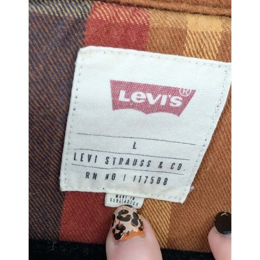 Levis Brown Tan Long Sleeve Cotton Button Up Plaid Flannel Mens Size Large